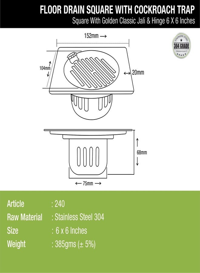 LIPKA Square with Golden Classic Jali & Hinge Floor Drain |304-Grade Stainless Steel |6x6 Inches| with Cockroach Trap/Jali | - Image 2